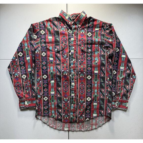 Vintage WRANGLER Aztec Work‎ Shirt Mens M Cowboy Western Button Shirt Retro USA - Picture 1 of 6